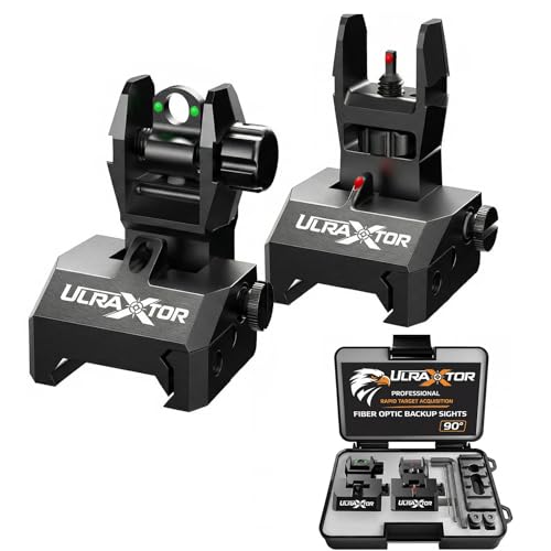 ULRAXTOR Upgraded Fiber Optic Flip Up Iron Sight Set for Picatinny Rail | Low Profile Front & Rear Backup Sights with Red/Green Fiber Dots & Base Fiber Reference | Tool-Free Adjustable Rear Sight