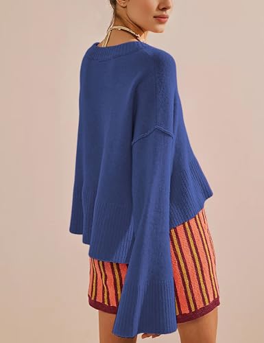 Image of Womens Lightweight Sweaters Crewneck Bell-Style Sleeve Batwing Knit Tops Slouchy Soft Pullover Jumpers(Navy-S)