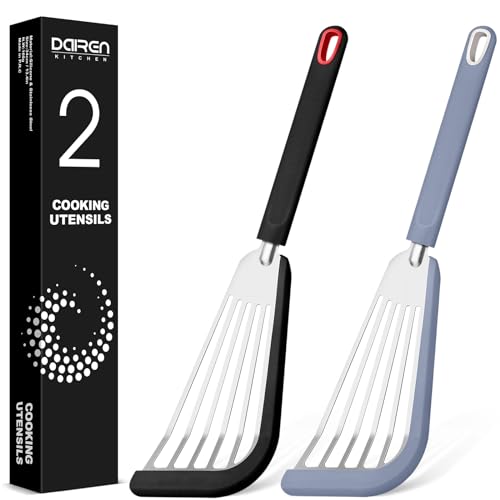Comparison: Best Silicone Fish Spatula 3 Silicone Fish Spatula Turner Set of 2, Thin Slotted Spatulas Turner for Nonstick Cookware,Heat Resistant Flexible Stainless Steel Kitchen Cooking Spatula Flipper for Fish, Egg, Pancake (BG)