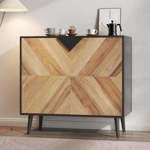 Garvee Modern Storage Free Standing Accent Cabinet, Buffet Cabinet with Doors, Wood Finish Sideboard Buffet with Storage for Dining Room, Entryway, Black+Walnut Grain, 31.5 Inch