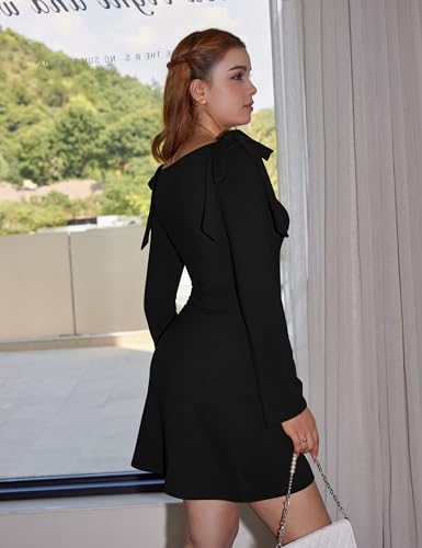 Women's Long Sleeve Boat Neck Bodycon Ruched Elegant Bow Tie Party Mini Dress3