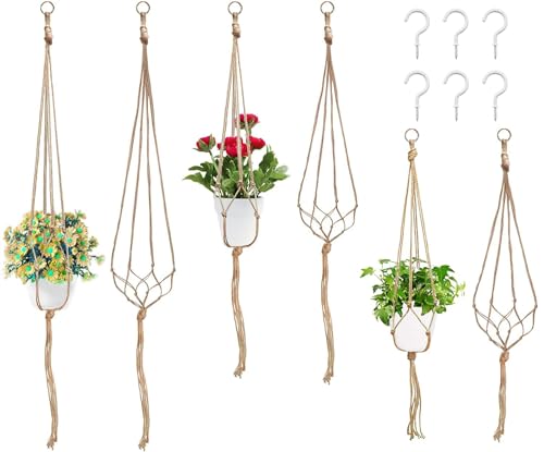 Swpeet Confezione da 6 supporti per piante da appendere in macramè, 3 misure, kit da appendere per piante grasse, cactus, erbe aromatiche, decorazioni per interni ed esterni