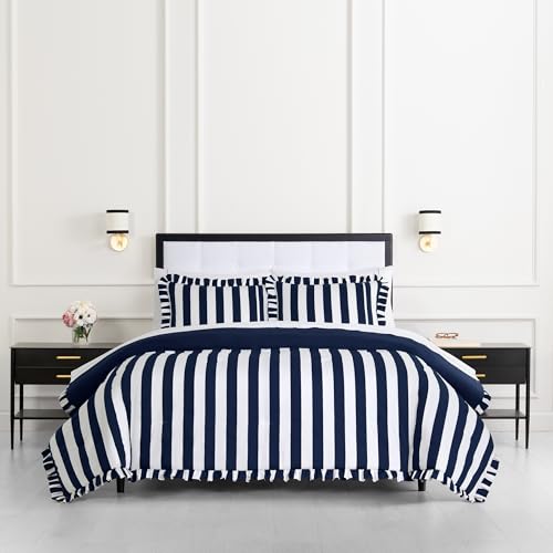 Image of kate spade new york Sateen Ruffle Full /Queen Comforter Set, 300 Thread Count Cotton Sateen Reversible Cover, All Season 3 Piece Bedding, Machine Washable, Astral Aura