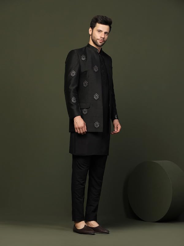 Kisah Men's Mid Kurta Jodhpuri Bandhgala-Blazer Trouser Set, Black Cotton Blend, Embellished Regular Fit Mandarin Collar Long Sleeves (42)