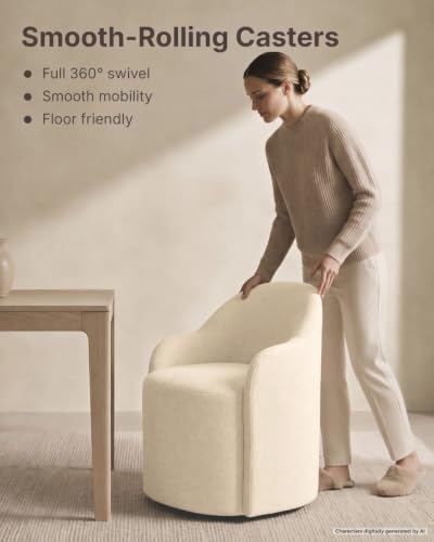 Image of KISLOT Upholstered Dining Chairs Set of 4 with Caster, Pre-Assembled, Sand | Modern Dining Room Chairs with Wheels, Rolling Vanity Chair with Round Backrest for Kitchen, Bedroom, Dressing, Linen Fabric