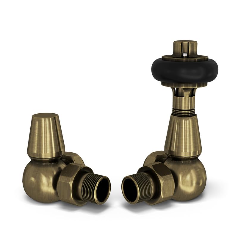 UK Radiators Brushed Antique Brass Finish Thermostatic Radiator Valve and Corner Lockshield, Brushed Antique Brass Finish