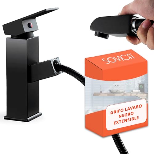 Grifo lavabo negro extensible acero inoxidable monomando agua fria y caliente 2 mangueras incluidas grifo negro lavabo