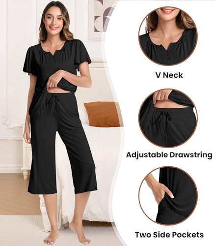 Image of NACHILA Bamboo Viscose Pajamas for Women Short Sleeve V Neck Capri Set