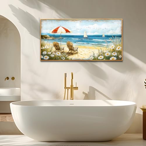 ERQINHUA Large Canvas Wall Art For Living Room Bedroom Wall Decor Office Blue Seaside Landscape Painting Wood Frame Room Bathroom Dining Room Prints Artwork Picture Home Wall Decoration 20x40 In