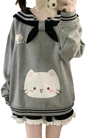 Womens Kawaii Doll Collar Cat Graphic Sweatshirt Cute Embroidery Bow Tops Warm Ribbed Stripe Harajuku Sweatshirts