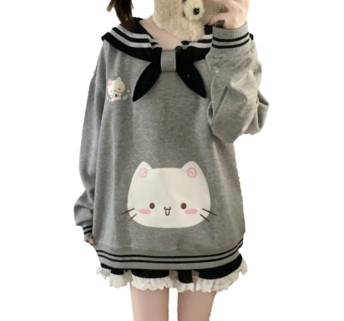 GOTHPICKUS Womens Kawaii Doll Collar Cat Graphic Sweatshirt Cute Embroidery Bow Tops Warm Ribbed Stripe Harajuku Sweatshirts - Review, Price and Buying Guide
