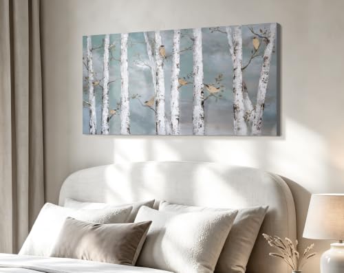 Image of Ejart Teal Wall Art Hand-Painted Landscape Forest Oil Painting on Canvas Original Framed Artwork Gold Bird Birch Tree Artwork 'White Birch at Night' for Living Room Bedroom Office Decor 32x16inch