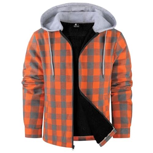ZITY Men's Flannel Fleece Hoodie Plaid Sherpa Lined Jackets Zip Up With Pocket B Orange XX-Large