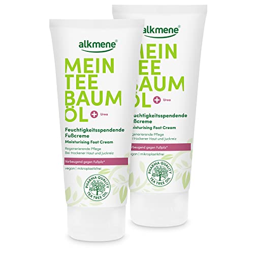 alkmene Mein Tea Tree Oil voetcrème 2 x 100 ml preventief tegen voetschimmel - natuurzuivere theeboomolie, veganistisch en klimaatneutraal - vochtinbrengende voetcrème met ureum bij droge huid en jeuk