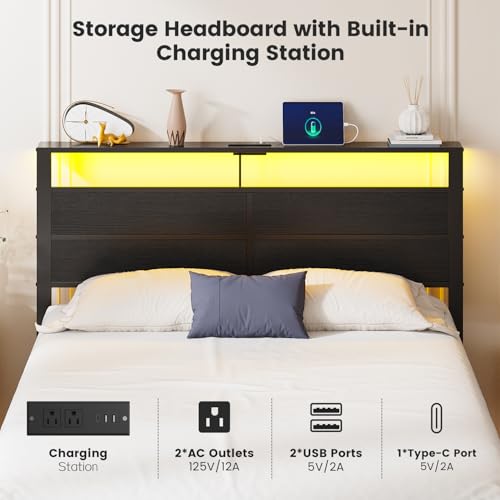 Image of Full Size Metal Bed Frame with Storage Headboard, LED Lights | USB Charging Station, Metal Platform Bed with Sturdy Slats,Noise Free,No Box Spring Needed, Easy Assembly
