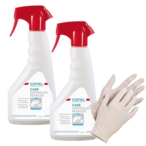Conel Care - Limpiador de cristal para chimenea (2 unidades, 500 ml, pulverizador manual y guantes desechables)