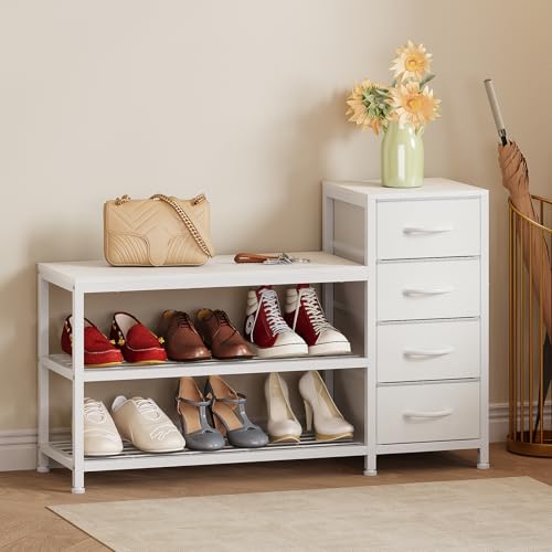Image of EXOTICA Industrial Shoe Storage Bench with 4 Drawers & Seat, White