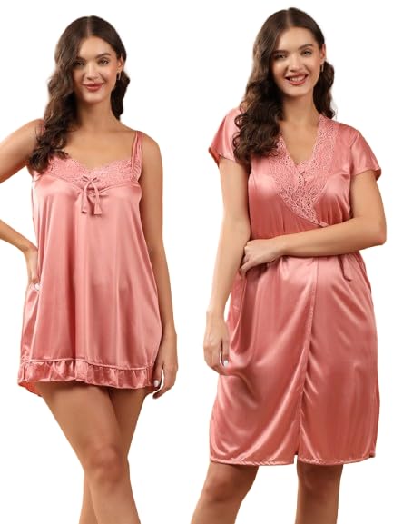brachy Women 2 Pieces Bridal Light Green Satin lace Self Design Night Wear Lingerie Babydoll Set Satin Short Nighty with Lace & Robe-picture-10