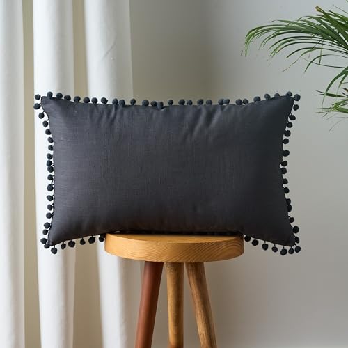 Image of 100% Cotton Pom Pom Cushion Without Filler, Elegant & Modern Cushion Cover for Living Room, Rectangle, 12 inchx20 inch, uni slub, Set of 4 - Charcoal Grey