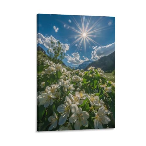太陽の下で散った花びらと新しい葉 純白花弁 絵画 アート パネル 花畑 絵 アートフレーム モダン ポスター 装飾画 キャンバス 飾り絵 部屋飾り インテリア 玄関 壁掛け 壁飾り 壁の絵 ソファの背景絵画 木枠付きの完成品 50x75cm