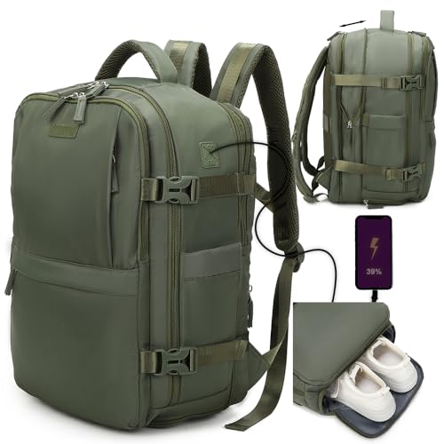 1990s Mochila de viaje cabina expandible para Ryanair 40x25x20-25cm,con bolsa de zapatillas,mochila casual impermeable extensible compatible con portátil 14'- VerdeMilitar