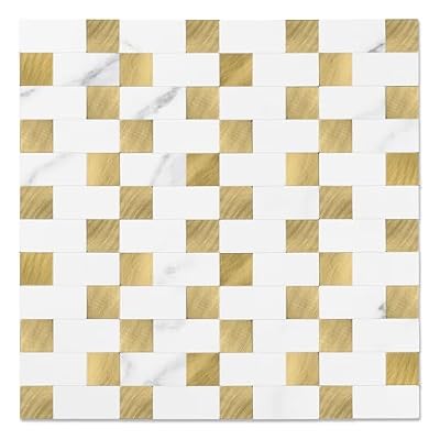 Yipscazo Peel and Stick Backsplash Tile, Stick on Stainless Steel Backsplash Metal Tiles for Kitchen Walls in Marble White Mixed Gold (12''x12'',10 Sheets)