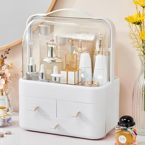 Makeup Organizer and Storage for Vanity with Lid and Drawers, Waterproof and Dustproof Portable Skincare Cosmetics Boxes, Makeup Caddy Holder for Vanity Countertop, Bathroom, Dresser-All White