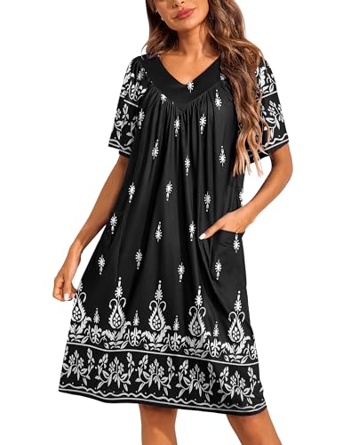 Image of Ekouaer Womens House Dress Floral Print Nightgown with Pockets Mumu Dress | V Neck Nightgowns for Women Pleated Short Sleeves Mumu Dresses Knee Length Moo Moo for Sleep, Daily Wear, Vacation, Party