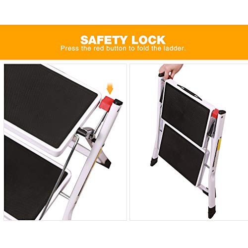 CAMPMAX 2 Step Stool Folding Step Ladder for Adults, Lightweight Sturdy Small Ladders for Kitchen Household, Supports 250lbs Capacity, White