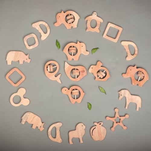 Image of Natural Neem Wood Baby Teether - Handmade Animal Shape Wooden Toy - Non-Toxic, Organic Chew Aid for Teething for 3-12 months and new born to play - Biodegradable, Eco-Friendly Gift for Infants & Toddlers (5, Neem Wood Baby Teether Set of 5)