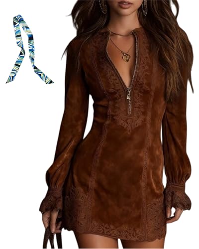 Robe en daim avec col en V et fermeture éclair - Style western cowgirl - Manches longues - Style rétro - Style trapèze, marron foncé, S
