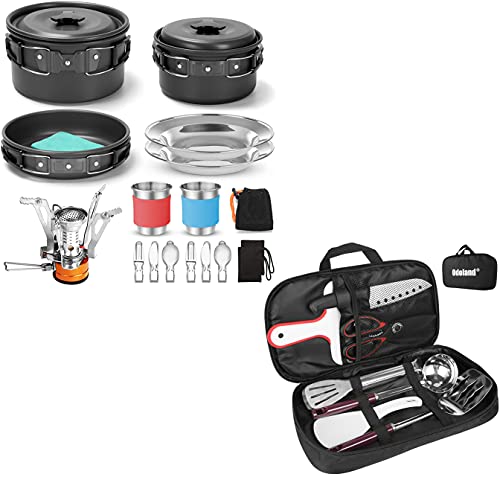 Comparison: Best Odoland 16Pcs Camping Cookware 6 Odoland 16pcs Camping Cookware Mess Kit with Folding Camping Stove and 8 Pcs Camping Cookware Utensils Travel Set for Backpacking, Outdoor Camping