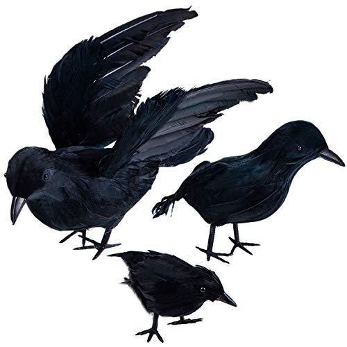 Tinsow 3 Pcs Black Crows Halloween Prop Realistic Handmade Feathered Crow Fly and Stand Crows Ravens for Outdoors and Indoors Crow Decoration (Black, 3)