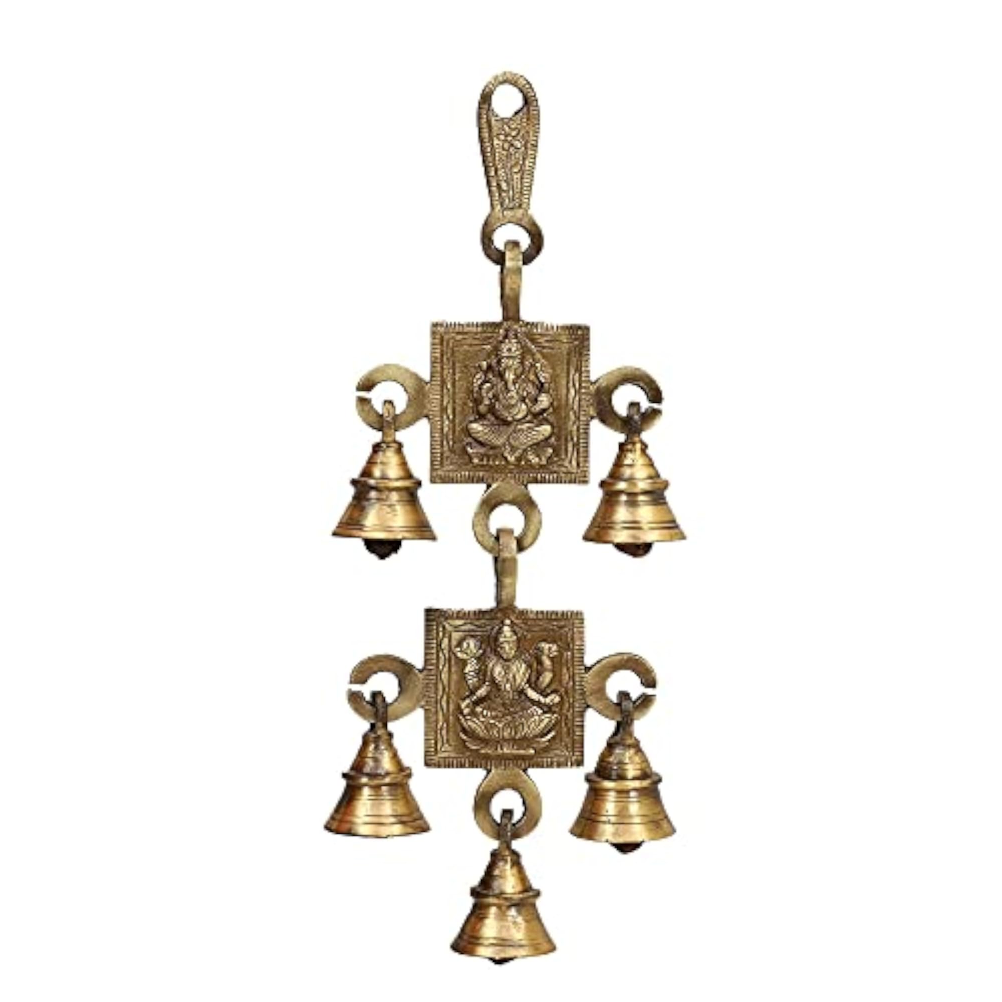 Brass Lakshmi Ganesh Hanging Bells, 9 in, 2 pcs