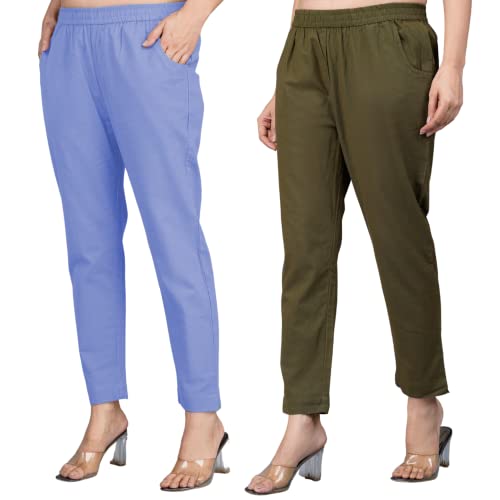 Image of Regular Fit Fully Elastic Waist Ankle Length Premium Cotton Casual Trouser Pant (Combo Pack of 2)