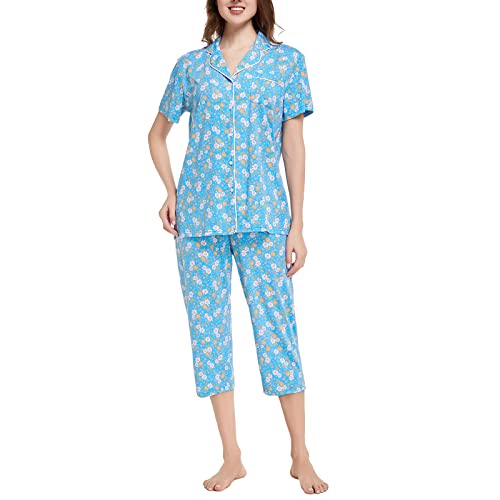 Image of Tugege Capri Pajamas Set Womens Button Down Short Sleeve Lounge Sets Sleepwear Notch Collar Top & Capri 2 Piece PJ Sets