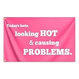 Looking Hot and Causing Problems Flag 3x5 Feet Funny Pink Man Cave Wall Flags for Teen Girls Room Guys Bedroom Dorm Room College Dorm Wall Banner Tapestry Decor