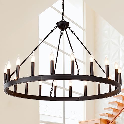 ZBMYRBZJ Black Wagon Wheel Chandelier 40 inch 20-Light Farmhouse Wagon Wheel Chandeliers Round Industrial Ceiling Light fixtures for Porch high Ceilings Living Dining Room Foyer Entryway