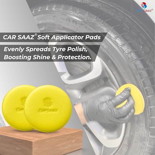 Image of CAR SAAZ Tyre Shiner 5L with 2 Applicator Pads, Empty Spray Bottle & Microfiber Cloth | Car & Bike Tyre Polish | Prevents Fading & Cracking | Shine & Protects | Non-Greasy, Long Lasting, Deep Gloss