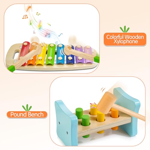 Wooden Montessori Toys for 1+ Year Old, 9 in 1 Learning Educational Toys for Toddler with Educational Box, Xylophone, Pound Bench, Shape Puzzle and More, Baby Toy Gift for 12-18 Months