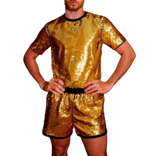 Ensemble paillettes homme t-shirt et short pour soirée disco et look hip-hop des années 70