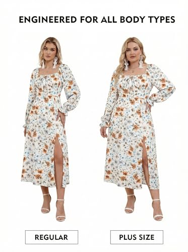 Image of BLENCOT Womens Casual Square Neck Long Sleeve Boho Floral Midi Dress Print Side Split Dresses