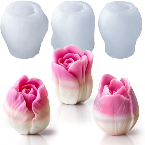Moule silicone bougie fleur de Tulipe 3D moule rose en Silicone Fleur pour la fabrication de bougies, moule silicone fondant parfumé la décoration de gâteaux fondants Savons,Décoration Maison
