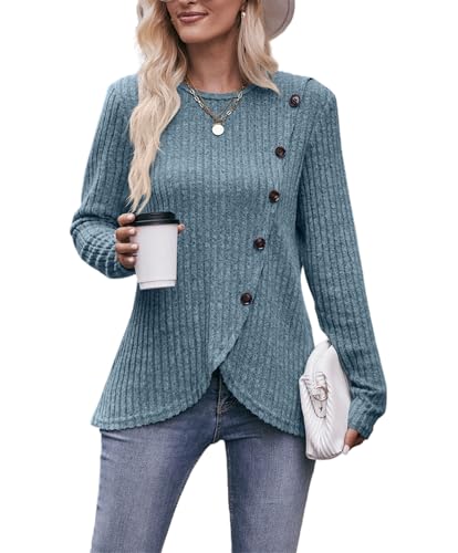 AELSON Women's Casual Fall Crewneck Tunic Tops Long Sleeve Dressy Solid Color Blouse Shirts