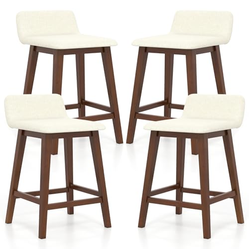 Conjunto de 4 butacos tapizados de madera COSTWAY, altura 24 pulgadas, color marrón + beige | Butacos sin brazos con respaldo bajo, reposapiés resistente y patas de madera de caucho para isla de cocina, bistró y comedor