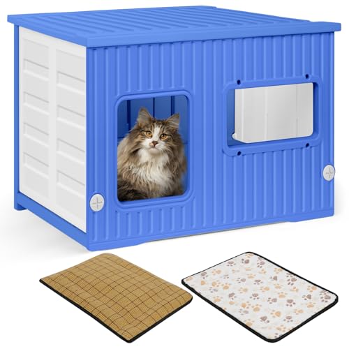 Plastic Cat House for Outdoor Indoor Use, Stackable Feral Cat Shelter Indoor Cat House Weatherproof Waterproof Elevated, with 2-Sided Cushion (Blue White)