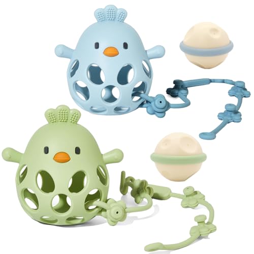 Image of Baby Teething Toy, Hollow Chicken Silicone Teething Toys, Soft Baby Chew Toys for Sucking Needs, Bells can be Installed, Suitable for Babies of Any Age(Blue+Green)