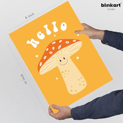 Image of BLINKART Mushroom Hello Modern Art Walls With Frame | Natural Wood Texture | Living Room Bedroom Office Wall Decoration | Poster Home Decor Frames Wall Bedroom | 12x8 Inches (D78)