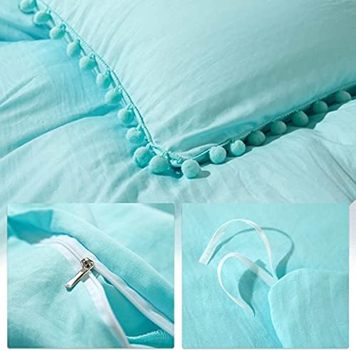 Turquoise Pom Duvet Cover Queen Size - 3 Piece Aqua Boho Bohemian Farmhouse Microfiber Comforter Cover Set - Soft and Lightweight Quilt Cover, Solid Teal Pompom — view 4