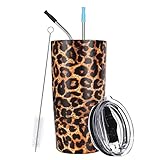 QIMUKKX 20 oz Insulated Tumbler Stainless Steel Vacuum Travel Coffee Cup, Double Wall Travel Mug with Lid, 2 Straws, Brush, Leopard